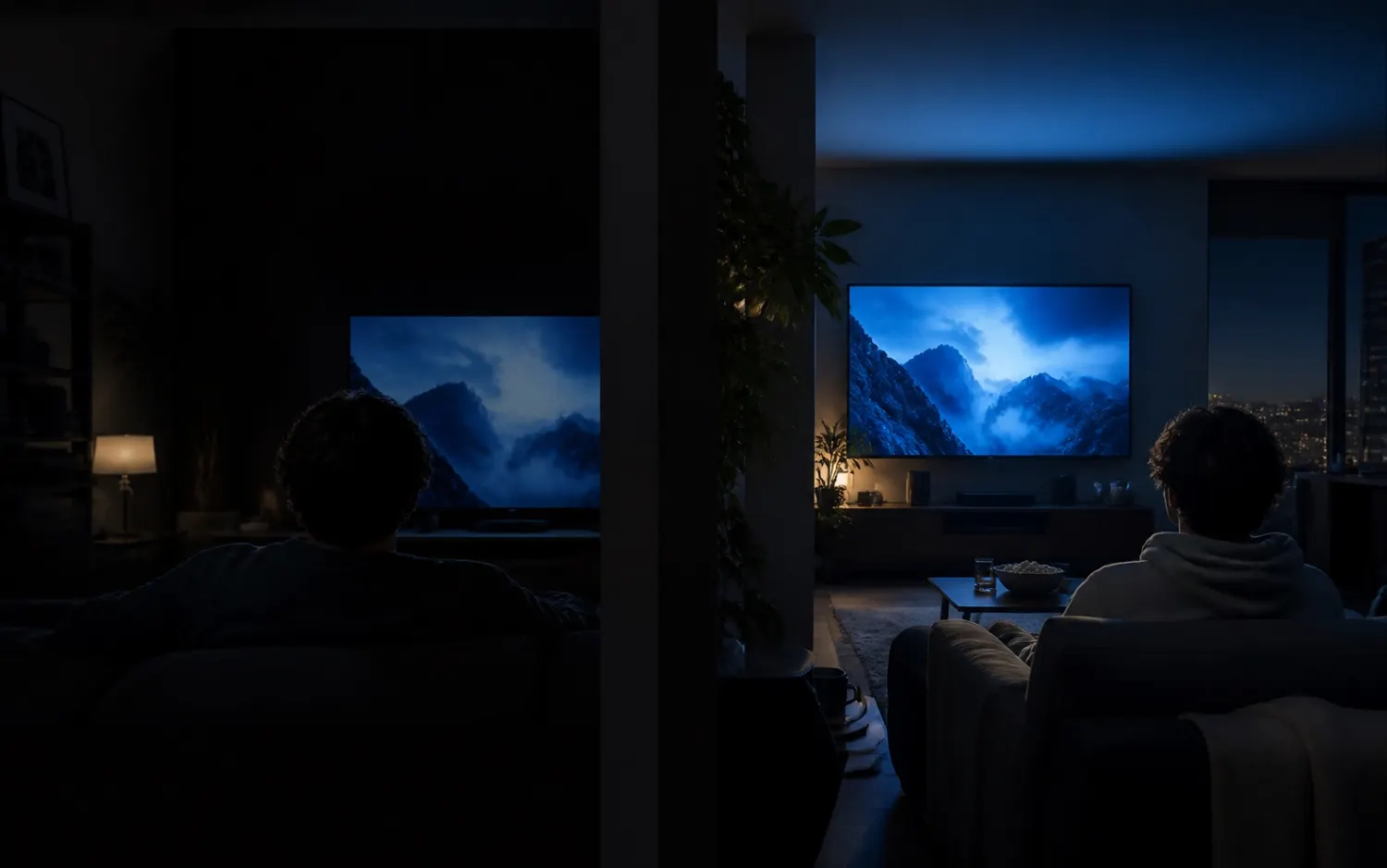 Two living rooms watching the same scene at the same moment