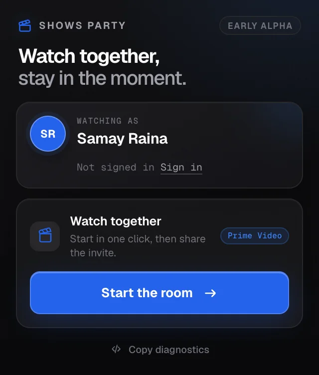 Shows Party extension popup with the start room button